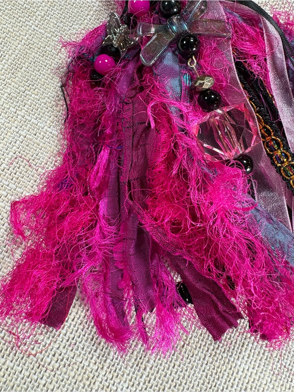 Hand Crafted Fuchsia Pink Tassel Keychain/Bag Charm with Gold Accents - Picture 3 of 12